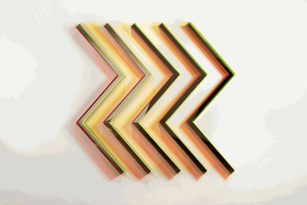 Cordon Oblique, 2023, Sculpture, Flourescent Live Edge Plexiglas, Mirrored Plexiglas, Ash Wood, 168 x 160 x 10cm.