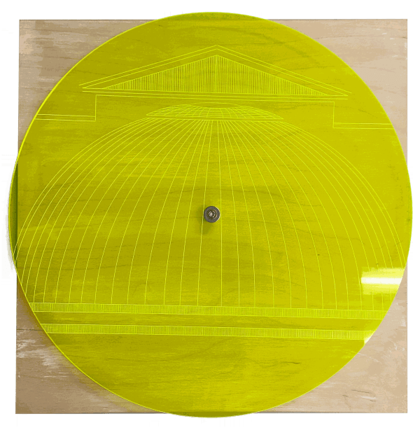 Jyll Bradley Opening the Air 2024 Etched ﬂuorescent live-edge plexiglass, ash wood 40 x 40 cm