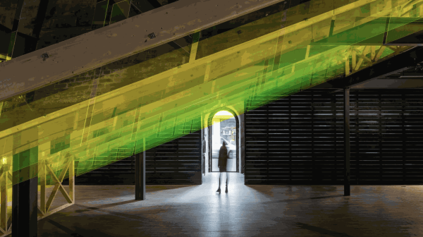 Pardes, (2021) The Warehouse, The Fruitmarket Gallery, Edinburgh, Scotland. Sculpture installation Fluorescent green Plexiglas, mirrored Plexiglas, wood 16m (L) x 6.5m (H) x 8m (W)