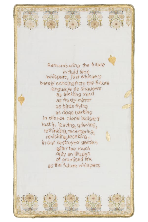 Remembering the Future 2020 Antique needlework, embroidered text, metal leaves, cord 100 x 56 cm