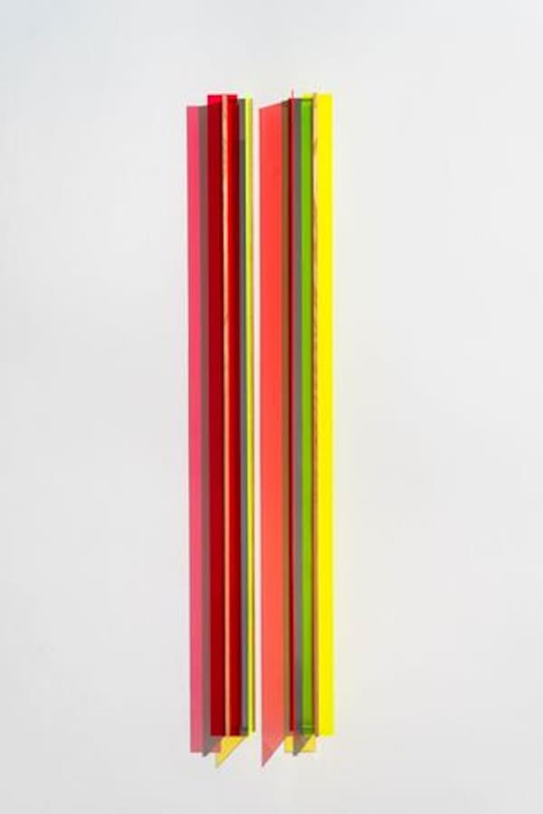 Graft (Pink) 2023. Fluorescent live-edgeplexiglass, Mirrored plexiglass,ash wood. 168 x 11 x 11 cm.