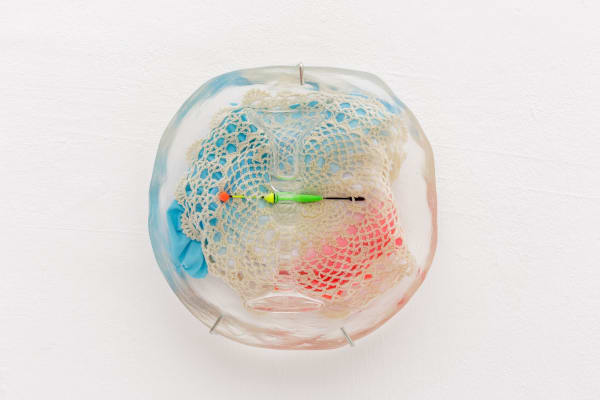 Ana Cvorovic Insoluable Blossoms 2019 polyurethane resin, glassware, child swimsuit, crochet dollies dimensions variable