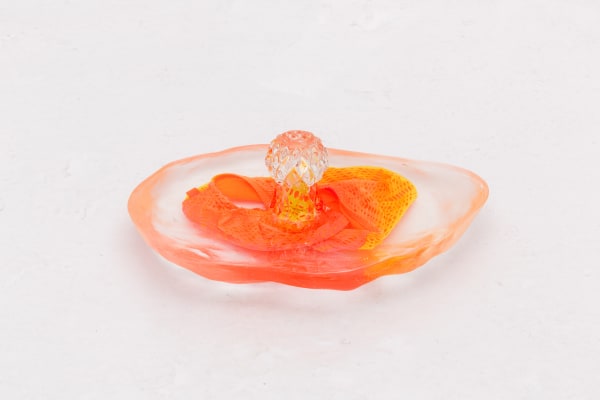 Ana Cvorovic Insoluable Blossoms 2019 polyurethane resin, glassware, child swimsuit, crochet dollies Dimensions variable