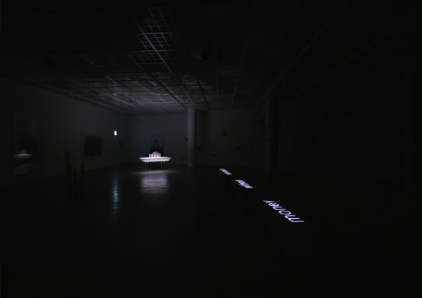 Installation view of Equation = TIME and/of Evolution in City, at the exhibition‘Money Without Nationality’ Art Sonje Center, 2017, [the exhibition space under dark condition] https://vimeo.com/247592715