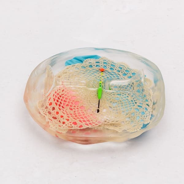 Ana Cvorovic,Insoluable Blossoms , 2019, polyurethane resin, glassware, child swimsuit, crochet dollies r:30cm