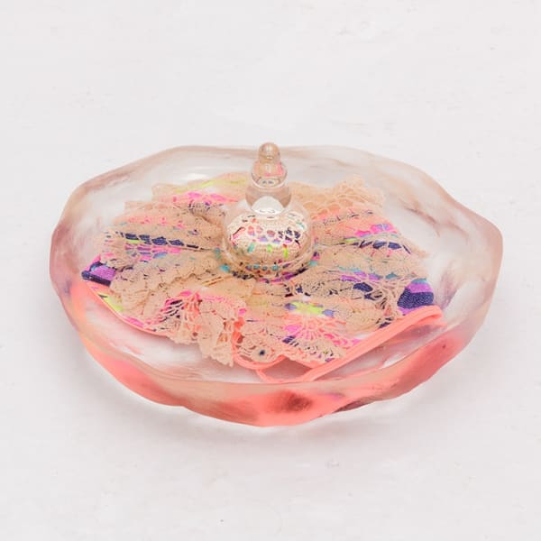 Ana Cvorovic,Insoluable Blossoms , 2019, polyurethane resin, glassware, child swimsuit, crochet dollies r:30cm