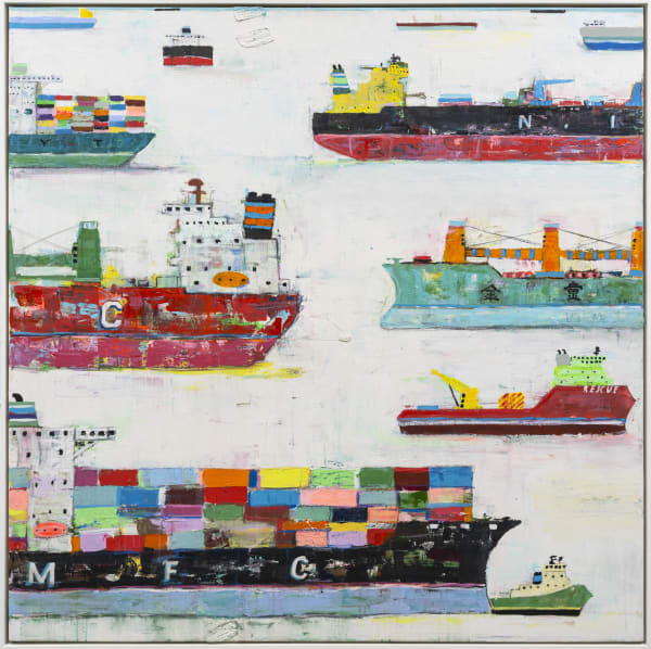 Adam Lester Waiting 2 2022 Acrylic And Oil On Truck Tarpaulin 150X150 Cm