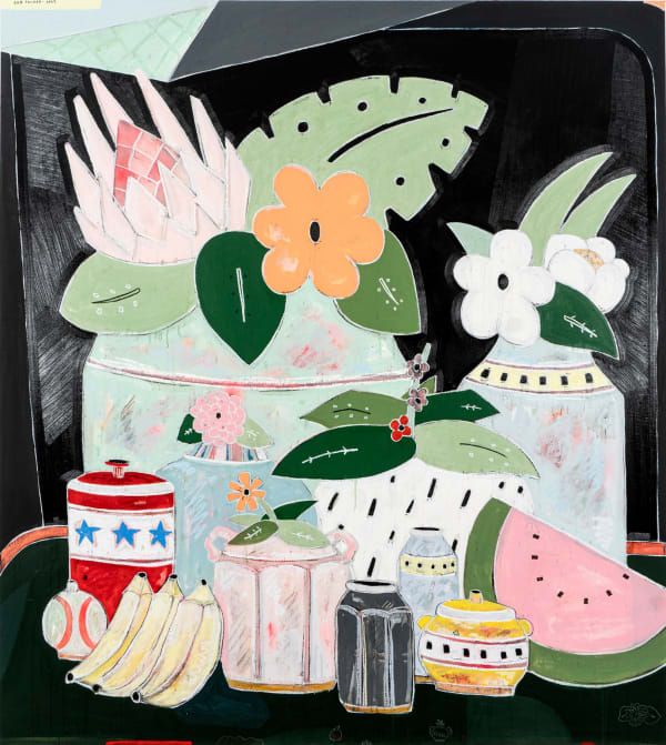 Rob Tucker Black Pudding Delight 2022 Acrylic And Oil Paint Varnish Oil Stick Oil Pastels Stain And Water Pencils On Canvas 160 X 180 Cm