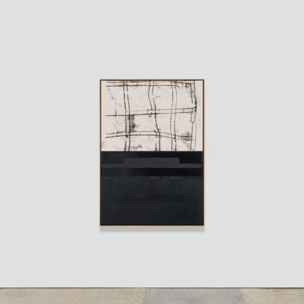 Søren Sejr - Comp. Black / Strange grid top, one line acrylic, one block gel with heavy vertical brushstrokes bottom, 2025