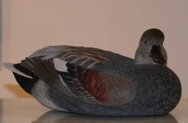 Barry Woodcraft Gadwall Drake Tupelo wood, acrylic and oil Unique 16 x 33 x 18 cm