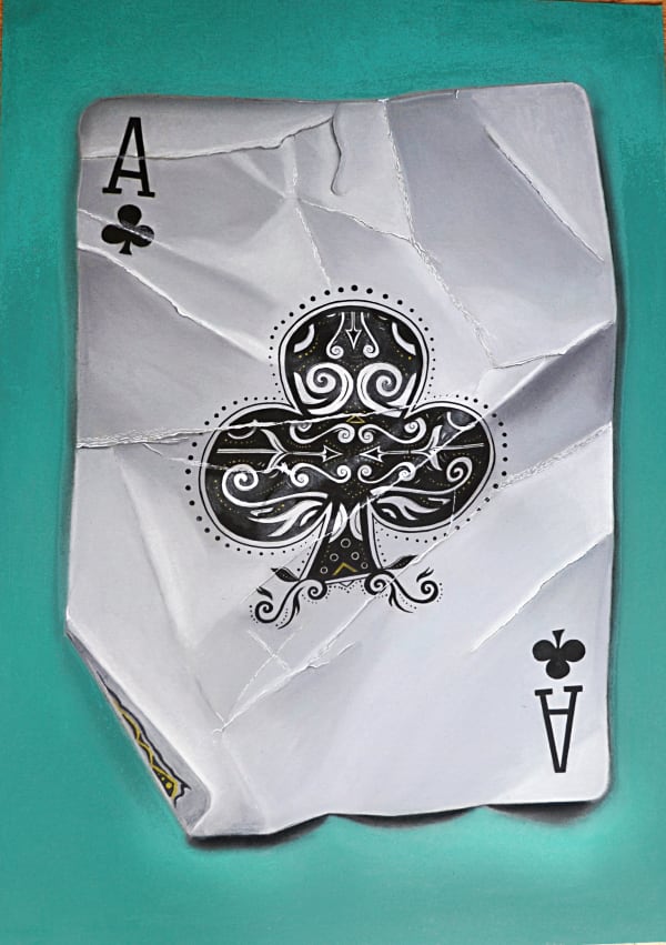 Nourine Hammad "Popping Aces (Club)" Mixed media on paper 95 x 71 cm