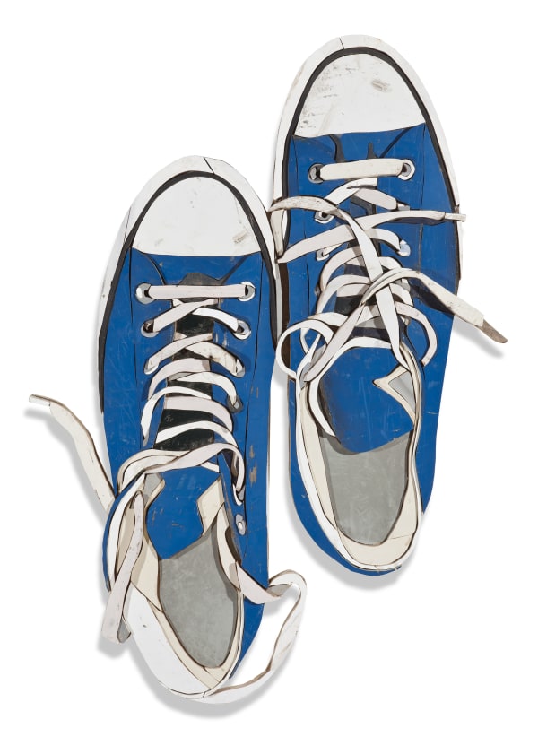 Blue Sneakers from Above Colored salvaged wood 122 x 85 x 3.5 cm