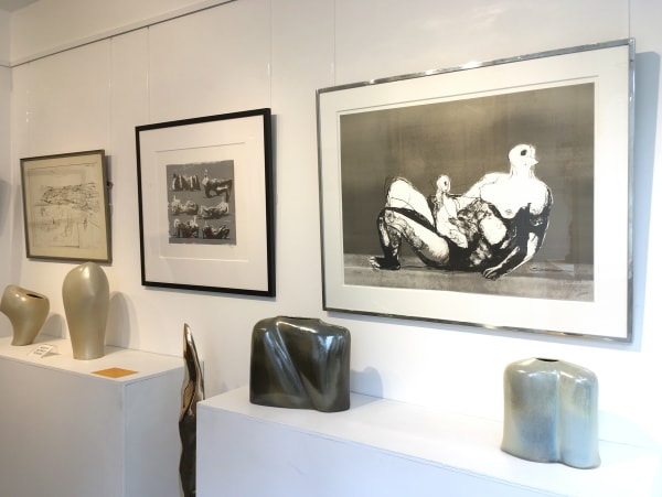 Installation of 'monochrome' artworks in the exhibition, featuring works by Henry Moore, Ruth King, Wilhelmina Barns-Graham, Antony Gormley and Maggi Hambling.