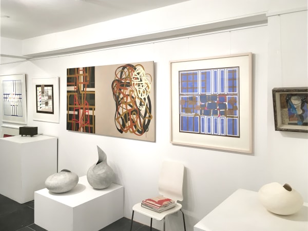 Installation of artworks in the exhibition, featuring works by Sandra Blow, Maurice Cockrill, and Mitch Pilkington.