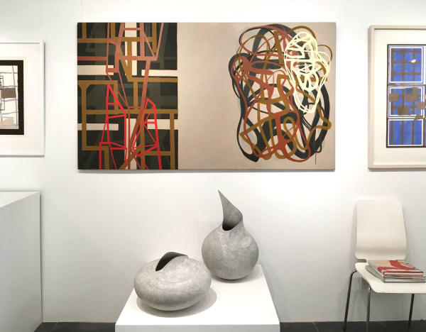 Installation of painting by Maurice Cockrill and ceramics by Mitch Pilkington.