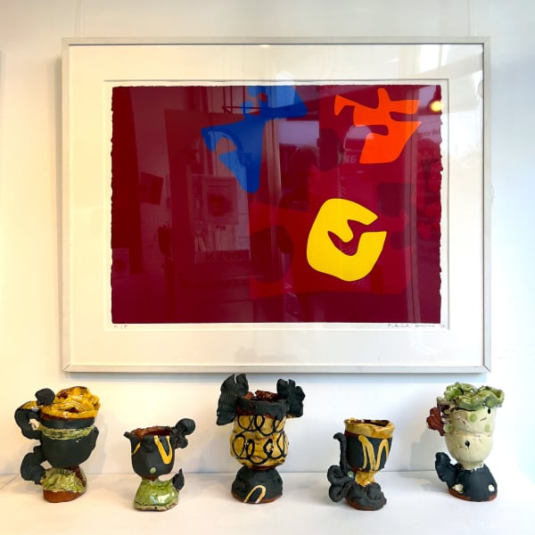 Display of five 'Jugs' by Dylan Bowen, complemented with silkscreen print 'Untitled Composition from The Rothko Memorial Portfolio' by Patrick Heron.