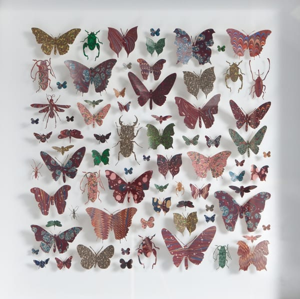 Morpho Square 1, paper, Victorian hand-marbled papers, gold leaf and enamel pins