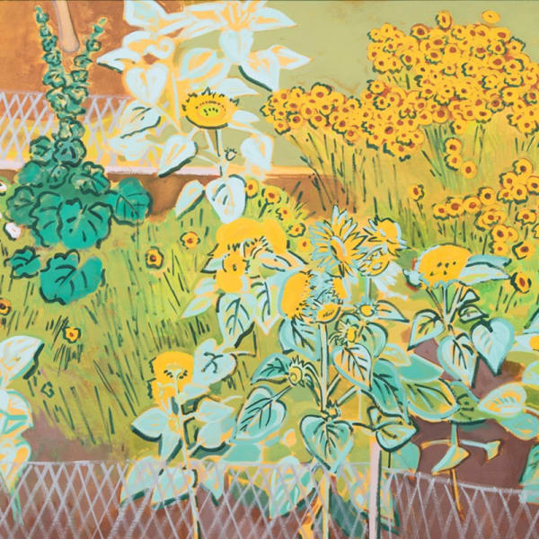 The 'Sunflower Bed' painting showcases a vibrant garden filled with sunflowers, lush green grass, and leaves.