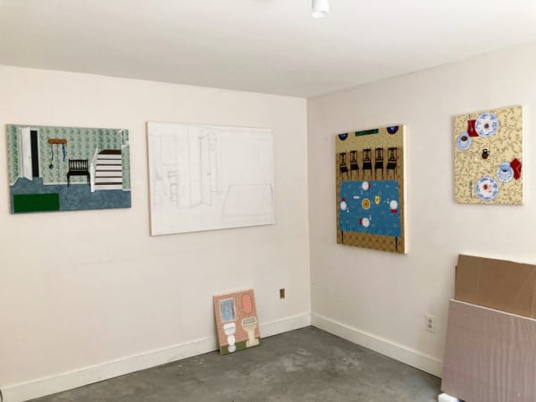 Paintings in various stages of completion at Buckwalter’s studio.