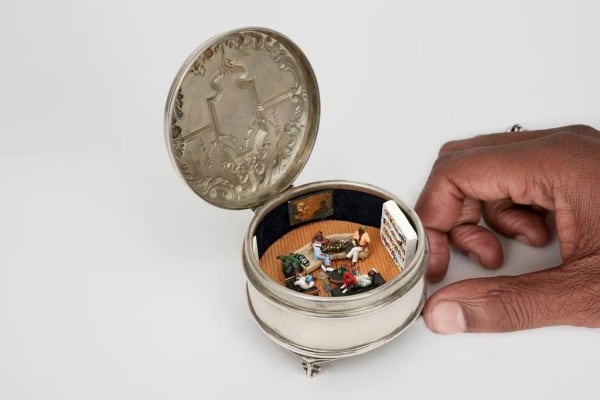 Curtis Talwst Santiago, What you doing? Just chilling with some friends, 2017. Mixed-media diorama in Edwardian silver jewelry box. Collection...