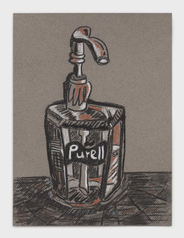 Purell II, III, IV, 2023, Charcoal on Paper, 12” x 9” each. Courtesy the artist and Rachel Uffner Gallery. Photo...
