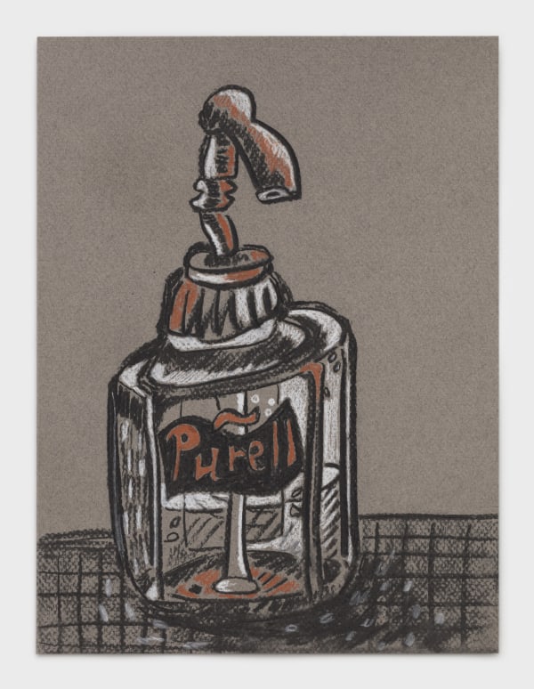 Purell II, III, IV, 2023, Charcoal on Paper, 12” x 9” each. Courtesy the artist and Rachel Uffner Gallery. Photo...