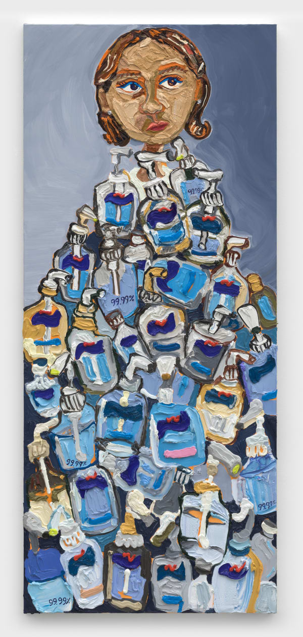 Susan Chen, “Purell Tower” (2023), oil on linen, 58 x 25 x 2 inches