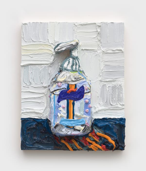 Susan Chen, “Purell Mini” (2023), oil, acrylic, wood panel 10 x 8 x 1 1/4 inches (photo courtesy Rachel Uffner...