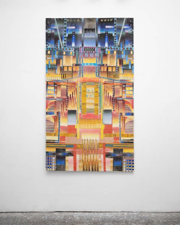 Rachel Uffner Gallery: Jack Arthur Wood,Verrazano Infinity, 2022, acrylic, fabrics and glue on muslin, 84 x 48 inches