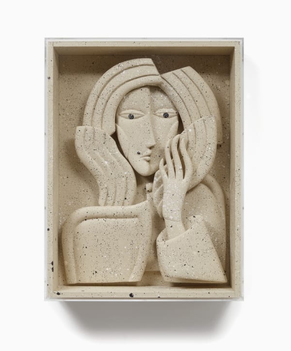 Mother, from 2023, reimagines the traditional “bust” sculpture as a relief painting. Courtesy Document