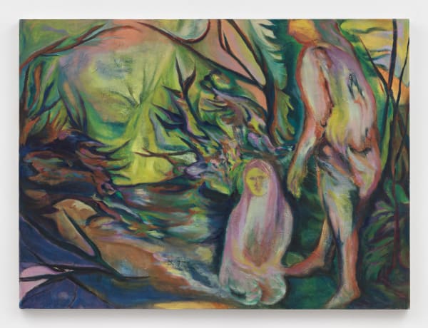 Erica Mao, Kneel in the Meadow, 2023, oil on panel, 36 x 48 x 1 1/2 in (91.4 x 121.9...