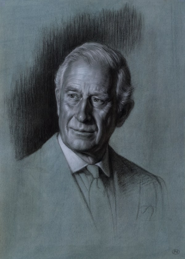 Study for Portrait of HRH The Prince of Wales 2 2018 Ink, charcoal and white chalk on tinted paper 40 x 60 cm The Royal Collection