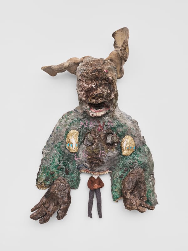 Nickola Pottinger, Duppy x Redhills, 2023. Paper Pulp, Fiber Glass, Pigments, Oil Pastels, Gold Leaf, Felt, Tears and a Hair...