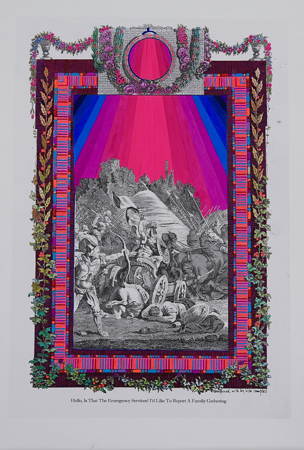 Liza Campbell Hello Is That The Emergency Services I D Like To Report A Family Gathering 2019 Ink Gouache And Arcylic On Found Engraving 50 X 35 Cm Rebecca Hossack Art Gallery