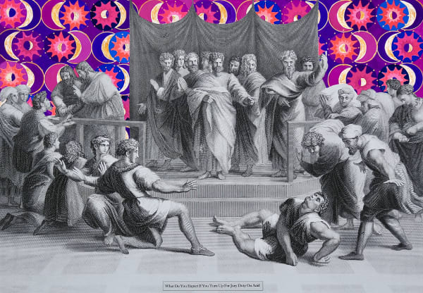 Liza Campbell What Do You Expect If You Turn Up For Jury Duty On Acid 2019 Ink Gouache And Acrylic On Found Engraving 38 X 49 5 Cm Rebecca Hossack Art Gallery