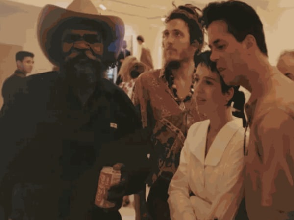 Clifford Possum with the Earl and Countess of Harewood at the Rebecca Hossack Art Gallery, 23 July 1990