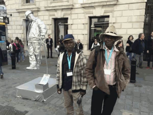 Mervyn Street and David Njuguna exploring London during Jumu: artists of Fitzroy Crossing