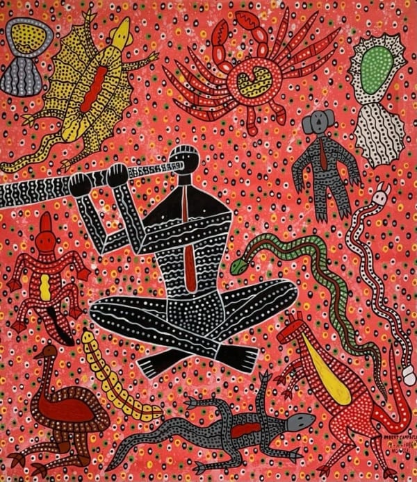 A painting of an Aboriginal man playing the didjeridoo surrounded by various animals by artist Robert Campbell Jnr.