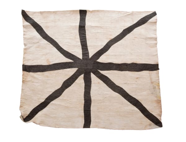 An artwork by Papa New Guinean artist Ilma Ugiobari (Savari) entitled Butote Ame - Spider Web, made of natural pigments on nioge hand sewn with grass thread and a bone from wing of a bat