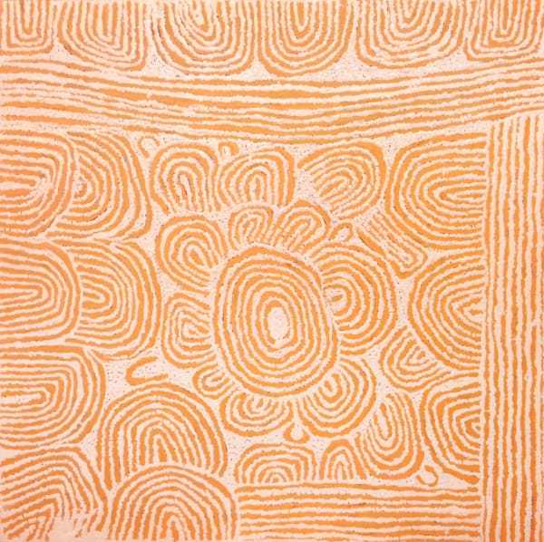 An Aboriginal painting of circular groups of lines creating a floral-shape by artist yurapayia Nampitjinpa (Mrs Bennett).