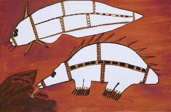 Ochre Painting of Australian Wildlife of an echidna by Aboriginal non-Western artist from Injalak Joe Guymala featured in Mankerrnge Bim at the Rebecca Hossack Gallery London