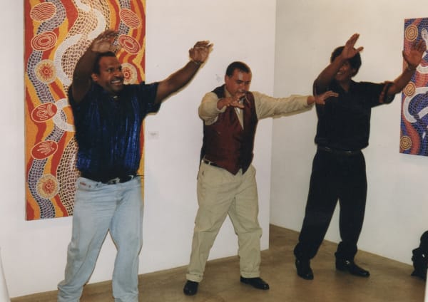 Billy Missi, Dennis Nona and Victor Motlop from Torres Strait Islands dancing at the Rebecca Hossack Gallery