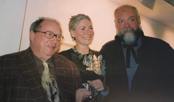 Rebecca Hossack, Lord Alistair McAlpine and Roger Law at Roger Law's exhibition at the Rebecca Hossack Art Gallery
