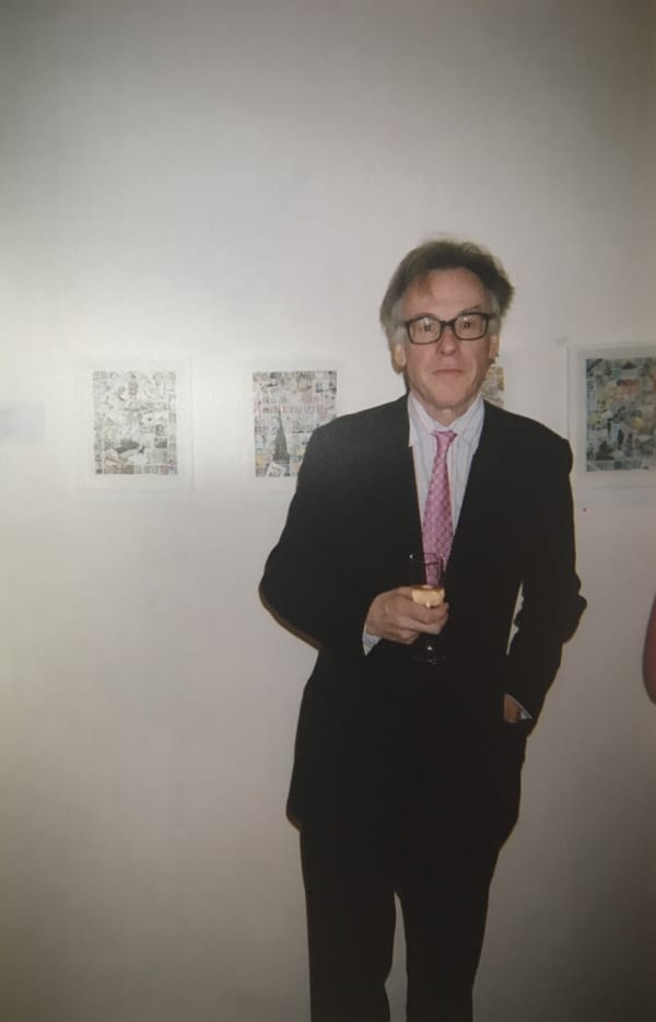 Andrew Barrow at his exhibition opening at the Rebecca Hossack Art Gallery