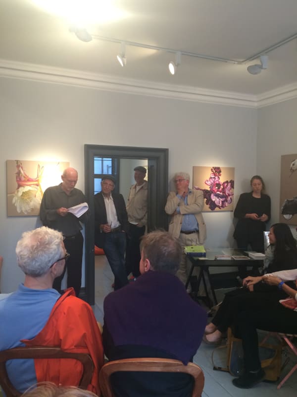 Edward Farrelly giving a poetry reading at the Rebecca Hossack Art Gallery, London