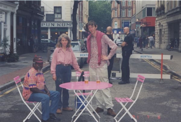 Matthew Sturgis, Pat Lowe and Jimmy Pike outside the Rebecca Hossack Art Gallery, London