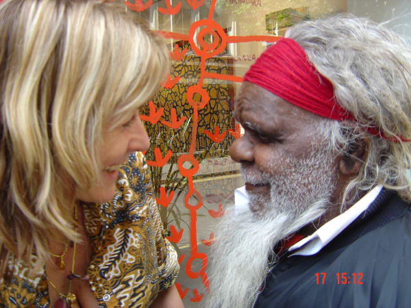 Rebecca Hossack and Roy Underwood at the Spinifex exhibition at the Rebecca Hossack Art Gallery, London