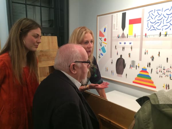 Sir Peter Blake with Rebecca Hossack and Georgia McCann
