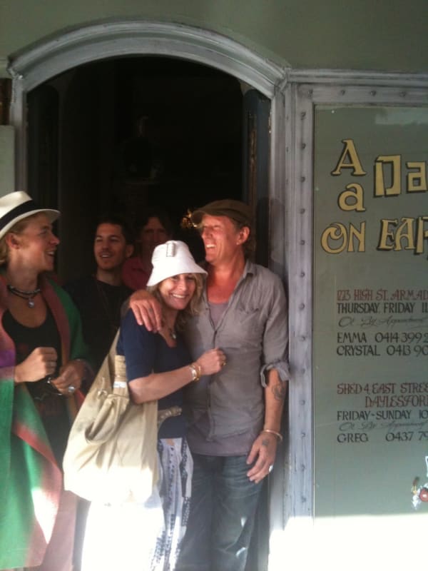 Rebecca Hossack with artist David Bromley and Will Hanigan