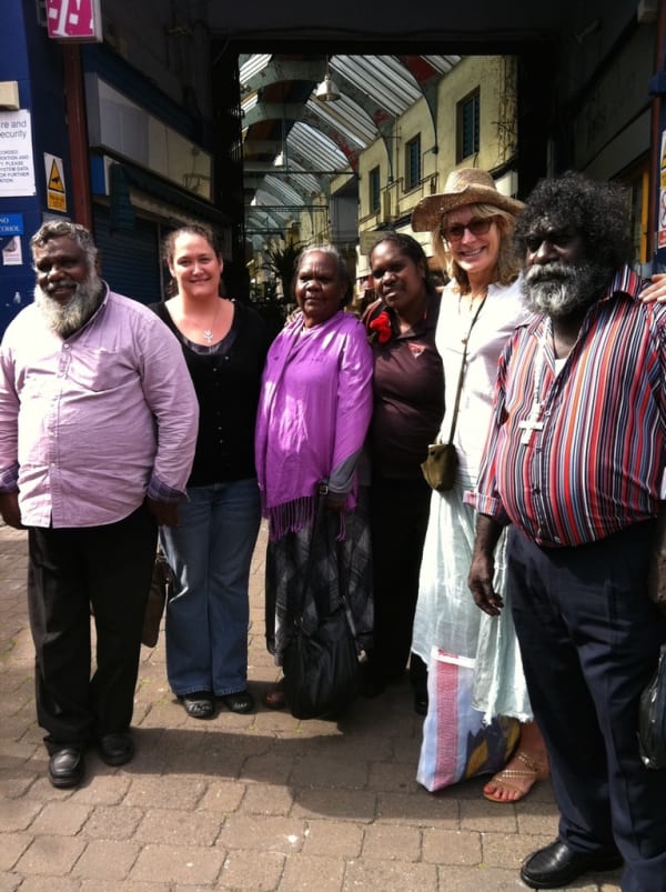 Rebecca Hossack with Borroloola artists at Brixton Market